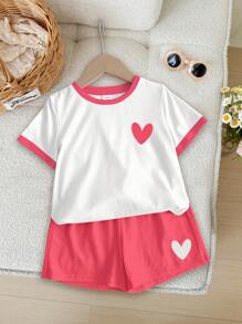 SHEIN 2pcs Set Young Girl Cute Heart Print Casual Short Sleeve Tee And Shorts, Pink, Summer