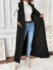 Chiquease Sleeveless Lapel Collar Double-Breasted Single-Breast Pocket Maxi Overcoat For Women - Black - View 6