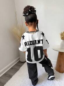 SLAYR KIDS Young Girl Casual Street Style V-Neck Loose Short Sleeve Top - White - View 2