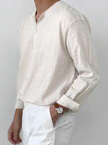 DAZY Spring Solid Khaki Men's Long Sleeve Single-Breasted Shirt - Khaki - View 4