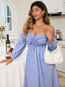 KURAYIA Gaun Midi Lengan Panjang Off Shoulder Motif Kotak-kotak dengan Ikatan Depan untuk Wanita Ukuran Plus, Cocok untuk Acara Brunch - Baby Blue - View 1