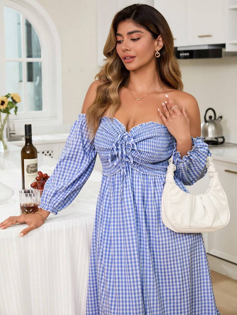 KURAYIA Gaun Midi Lengan Panjang Off Shoulder Motif Kotak-kotak dengan Ikatan Depan untuk Wanita Ukuran Plus, Cocok untuk Acara Brunch - Baby Blue - View 1