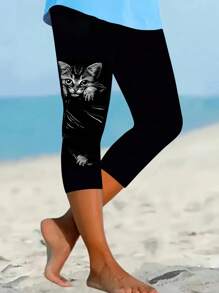 SHEIN LUNE 大码夏季休闲猫咪印花紧身裤