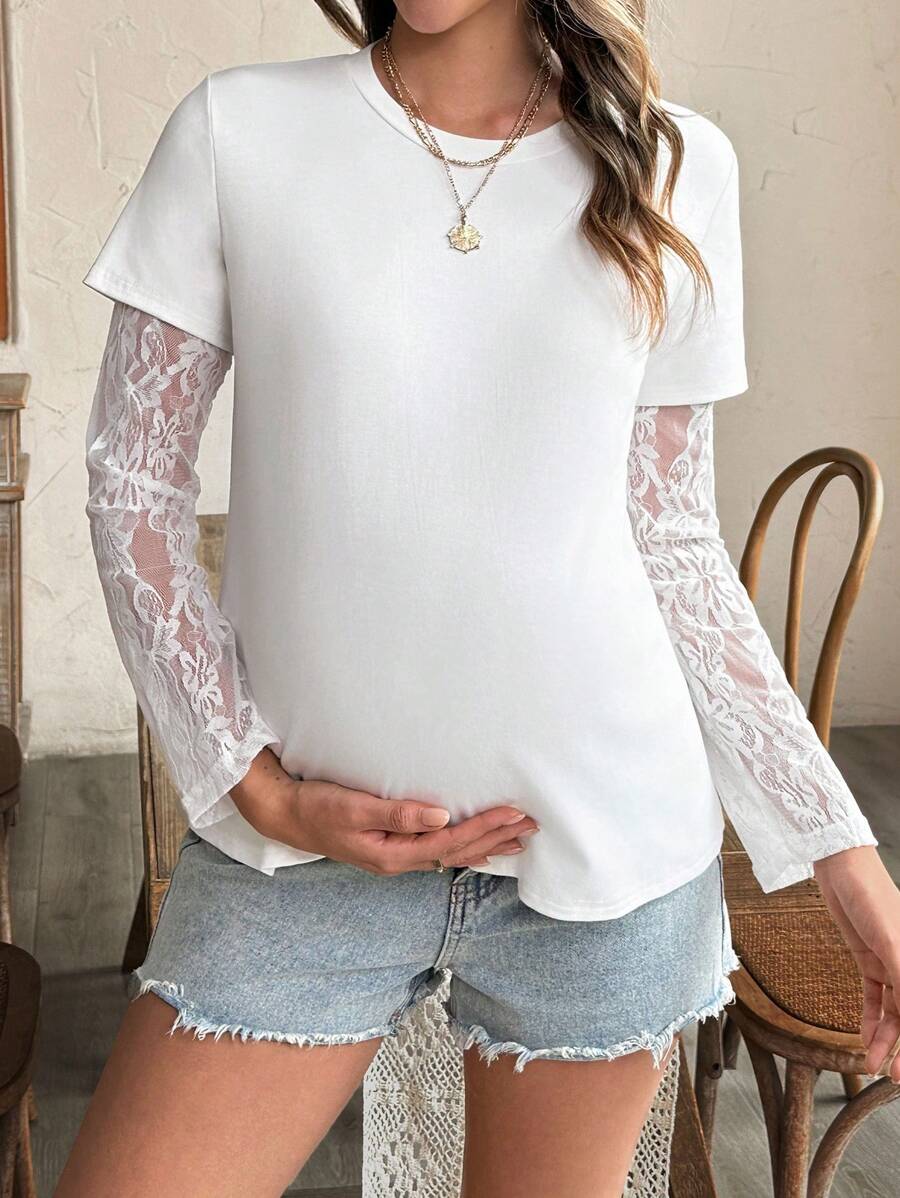 SHEIN Mutterschafts Einfarbiges Spitzen Patchwork 2 in 1 T-Shirt