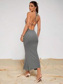 COSMINA Women's Solid Color Floral 3D Decor Deep V-Neck Dress - Light Grey - View 2