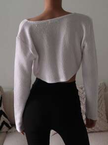 DAZY Women's Casual Solid Color V-Neck Long Sleeve Cropped Textured T-Shirt - White - View 3