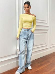 SHEIN Unity Casual Solid Color Asymmetric Neck Ruched Slim Crop Top - Yellow - View 4