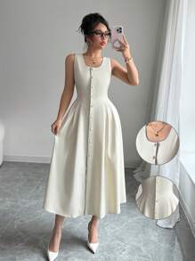 Elenzga 女士优雅撞色复古硬币设计吊带背心连衣裙，配珍珠纽扣和褶皱，休闲度假装 - 杏色 - 查看 3