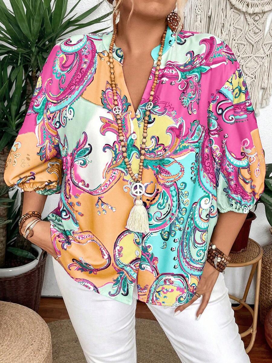 大码女式度假斜领腰果印花衬衫 - 黃色 - 查看 1