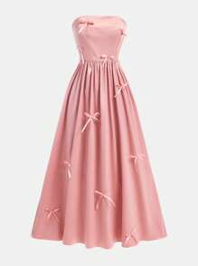 SHEIN Teen Girls' Pink Bow Decor Strapless Dress,Elegant Summer Prom Outfit,Ruffle Classy Vacation Dresses,Suitable For Spring & Summer Party Outfits - Pink - View 5