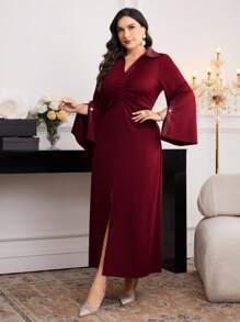 Modelyn Elegantes Kleid für Damen in Übergröße, einfarbig, Strass, Plisseekragen, lange Ärmel - Bordeaux - Übersicht 7