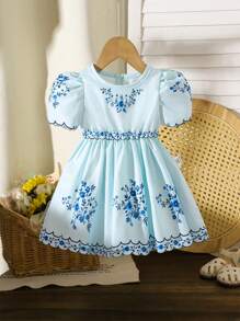 SHEIN Baby Girl Infant Toddler, 0-3 Years Old, Blue & White Elegant Vacation Puff Sleeve Dress, Spring/Summer - Blue - View 2