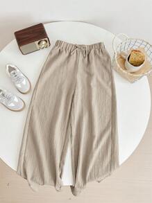 SHEIN LMoss Kids LMoss Tween Girl Textured Fabric Loose Wide Leg Pants With Drawstring Elastic Waistband - Khaki - View 3