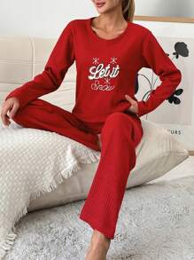RueChic 100%Cotton Letter Graphic Ribbed Knit Tee & Pants Lounge Set - Red - View 4