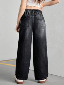 SHEIN Sparklyn Streetcool Tween Girl 复古宽松阔腿牛仔裤，休闲直筒牛仔裤 - 黑色 - 查看 2