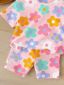 SHEIN Conjunto de camiseta de manga corta de cuello redondo y leggings con diseño floral lindo, estilo minimalista casual para niña bebé, apto para primavera/verano