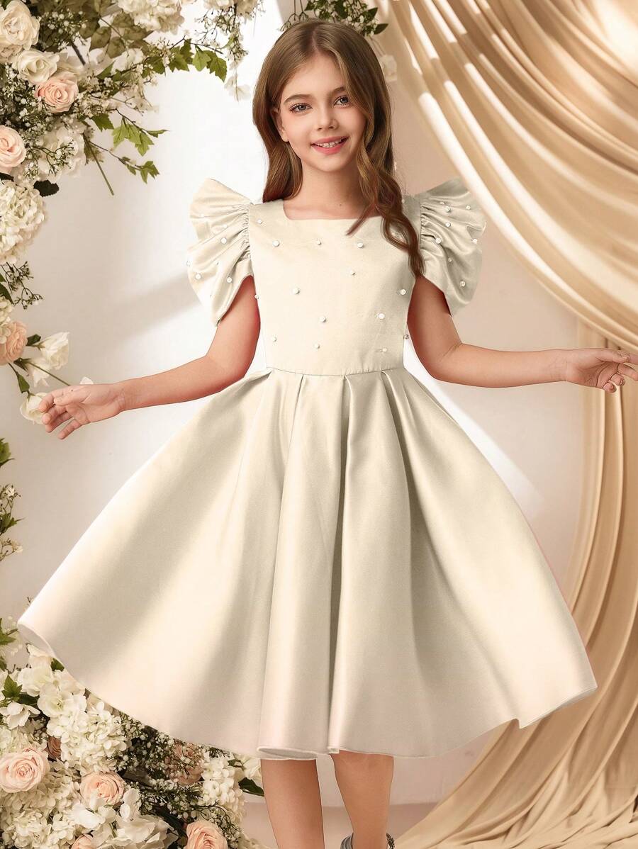 SHEIN Tween Girls' Luxurious Pearl Beaded Puff Sleeve Satin Dress, Filipiniana Terno - Apricot - View 1