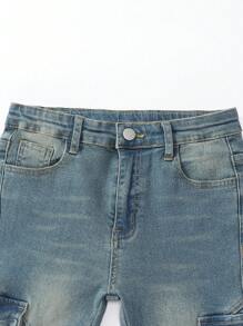 Tween Boy Casual Elastic Waist Multi-Pocket Patchwork Distressed Denim Jeans