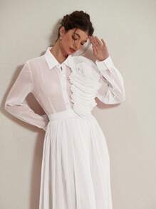 Aveloria Rosie 2pcs French Elegant Floral 3D Embellished See-Through Chiffon Button-Up Blouse And Pleated Skirt Set For Women