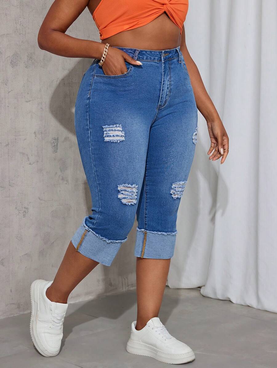 SHEIN SXY Plus Size Women's Elastic Straight Leg Blue Jeans Autumn Outfits For Women Festival Outfits Capri Jeans Plus Jeans For Women Women Autumn Clothes - Blue - View 1
