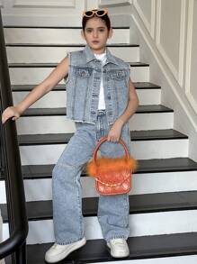 TWEEN GIRLS Y2K Fashion Fuzzy Hem Crop Jacket & Relaxed Fit Jeans Set, Street Style Casual Outfit voor Tween Girls