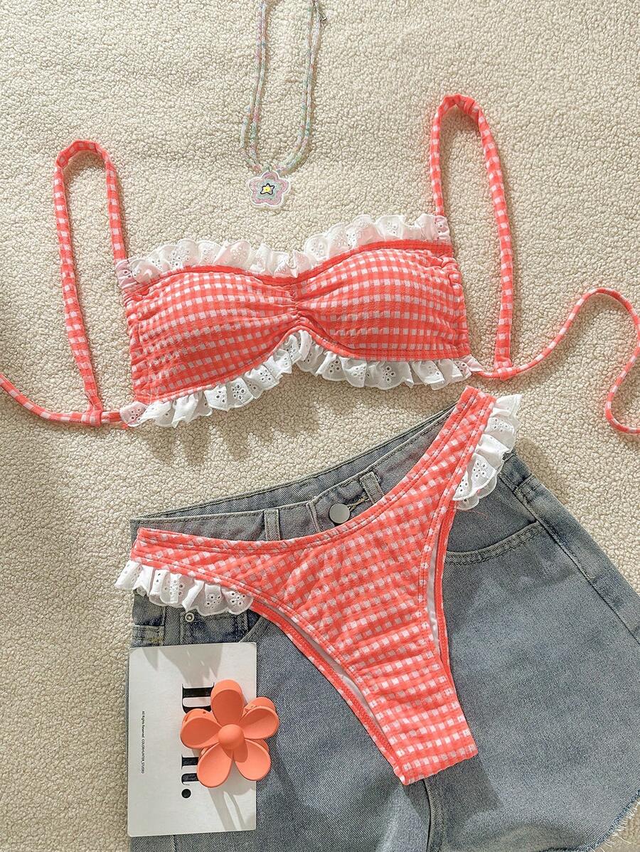 Swim Mod 粉色格子荷叶边细肩带吊带女式泳衣套装，可爱的夏季沙滩装