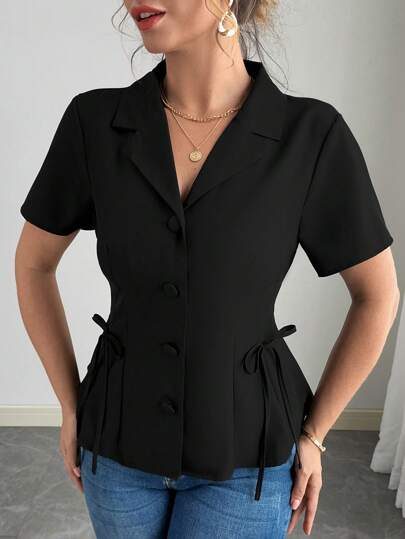 Elenzga 大码优雅纯色蝴蝶结装饰休闲衬衫