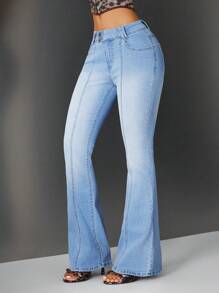INAWLY Women's Casual Washed Low Waist Slim Fit Flare Jeans - Light Wash - View 6