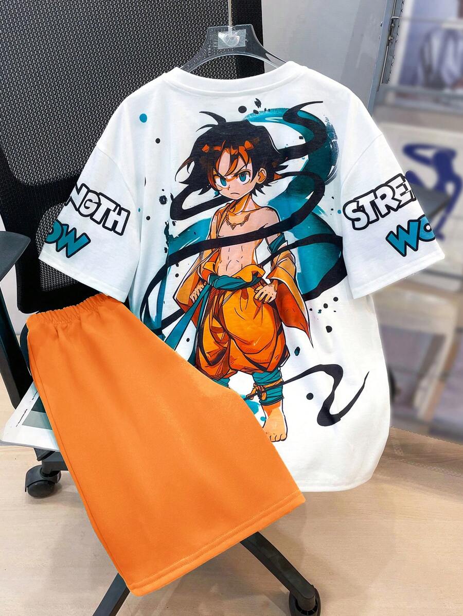 SHEIN Leap Crew 2pcs/Set Tween Boy Streetwear Casual Graffiti & Cartoon Character Print Short Sleeve Round Neck T-Shirt And Elastic Waist Shorts Set, Suitable For Autumn, Spring, Summer, Outdoor, School, Street, Party And Home Leisure - Orange - View 1