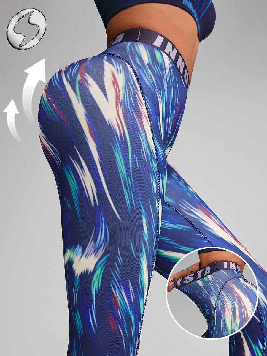 Innovista 女士运动休闲抽象运动紧身裤，透气高弹速干健身裤，高腰运动服，塑形塑身衣，健身裤，时尚前卫的运动套装，适合跑步、有氧运动、力量训练、举重、普拉提、瑜伽、垫上运动、拳击、舞蹈、户外运动、徒步、露营、越野跑、排球、音乐节、派对等场合，蓝色，适合秋季穿着，女士秋季束腰塑形套装，清爽浅蓝色 - 藍色 - 查看 1