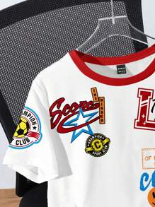 SHEIN EZwear 休闲简约运动 T 恤，足球风格徽章和 LA 字母图案圆领宽松短袖 T 恤，适合女士，适合夏季 - 彩色 - 查看 4