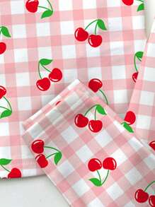 SHEIN 2 件装少女格子粉色可爱樱桃印花卡通图案短袖 T 恤和裤子睡衣套装，贴身休闲家居服，春夏 - 彩色 - 查看 6