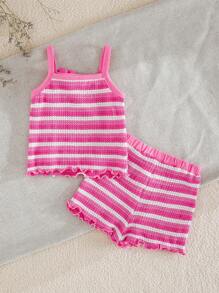 Cozy Pixies Baby Girl Colorful Striped Camisole Top And Elastic Waist Shorts 2pcs Set
