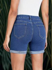 SHEIN LUNE Pantalones cortos de mezclilla casuales y versátiles para mujer con bolsillos y basta enrollada