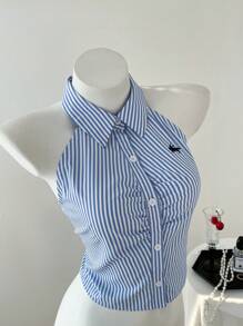 Elamini Sleeveless Striped Embroidered Short Slim Fit Shirt For Women, Spring/Summer - Blue - View 3