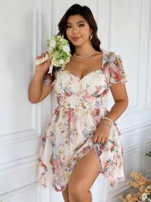 SHEIN Frenchy Plus Size Women Cute Summer Dresses, Wedding Dresses, Graduation Dresses, Tea Party Dresses, Wedding Guest Summer, Birthday Women's Dresses, Party Women's Dresses, Elegant, Romantic,Floral Print Sweetheart Neck Short Sleeve Elegant Dress,Beach Dress Sundress,Holiday Outfits Boho,Corset Dress - Multicolor - View 4