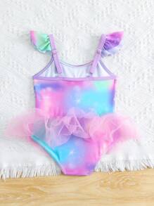 Baby Girl Tie-Dye Contrast Mesh Ruffle Trim One-Piece Swimsuit - Multicolor - View 2