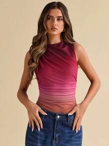 SHEIN BAE Women's Summer Gradient Print Pleated Asymmetric Bodysuit Sleeveless Bodysuit