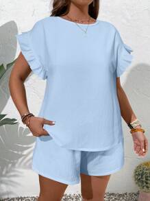 EMERY ROSE Plus Size Women Summer Casual Solid Color Top & Shorts 2 Pieces Set - Baby Blue - View 5