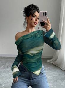 Firerie Camiseta de manga larga asimétrica de mujer elegante con estampado de teñido anudado