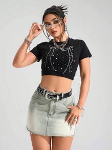 SHEIN PETITE Women's Casual Versatile Denim Mini Skirt With Pockets - Green - View 3