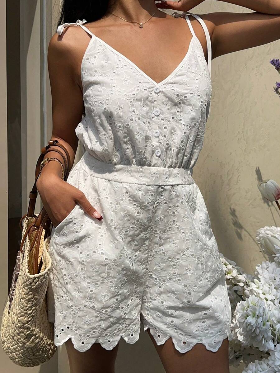 SHEIN Frenchy Women's Vacation Tie Dye Embroidery Casual Jumpsuit, V-Neck Shoulder Tie, White Jumpsuit, Summer Women's Clothing, Suitable For Daily And Holiday Wear - White - View 1