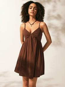 Easelle Women Dresses Backless Simpul Memutar Plain Seksi - Coklat - View 6