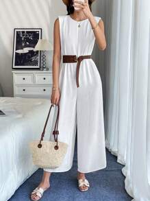 Chiquease Mono holgado para mujer con cuello redondo, sin mangas, con hombreras acolchadas - Blanco - Ver 1