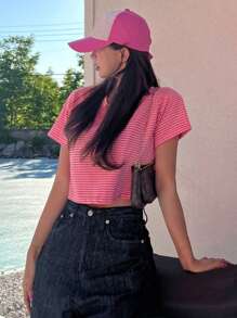 DAZY Women's Striped Loose Fit Cropped Short Sleeve T-Shirt - Pink - View 6