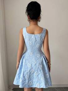 Elenzga Nuevo vestido sin mangas para mujer, cuello cuadrado, bajo en línea A con textura fruncida, tela floral tejida, unicolor, elegante y versátil minivestido delicado de cintura estilizadora para uso diario casual y de oficina