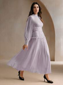 Anewsta Gaun Maxi Berpinggang Tinggi dengan Lengan Mengembang dan Sambungan Pinggang dari Kain Mengkilap yang Unik - Mauve Purple - View 4