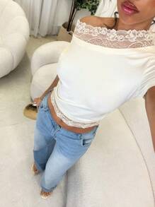 Glamine Women Contrast Lace Asymmetrical Shoulder Casual Basic Daily Slim Fit T-Shirt,Spring/Summer, Easter,Graduation,Summer,Spring,Country Concert,Club Women Sexy Top,Vacation - Apricot - View 5