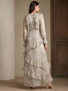 Anewsta 春季、优雅、度假、节日、假日女士度假风格 V 领荷叶边时尚花卉印花连衣裙长款女装 - 咖啡 - 查看 2