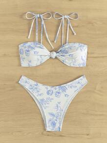 SHEIN Bộ đồ bơi hai mảnh cắt cao in họa tiết ngẫu nhiên nhiều màu mới, đồ bơi bikini đi biển dành cho nữ - Xanh và trắng - Xem 5